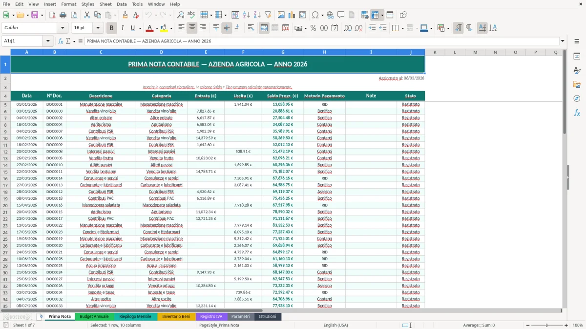 Screenshot 1: Foglio Prima Nota - Modello Excel contabilità azienda agricola excel