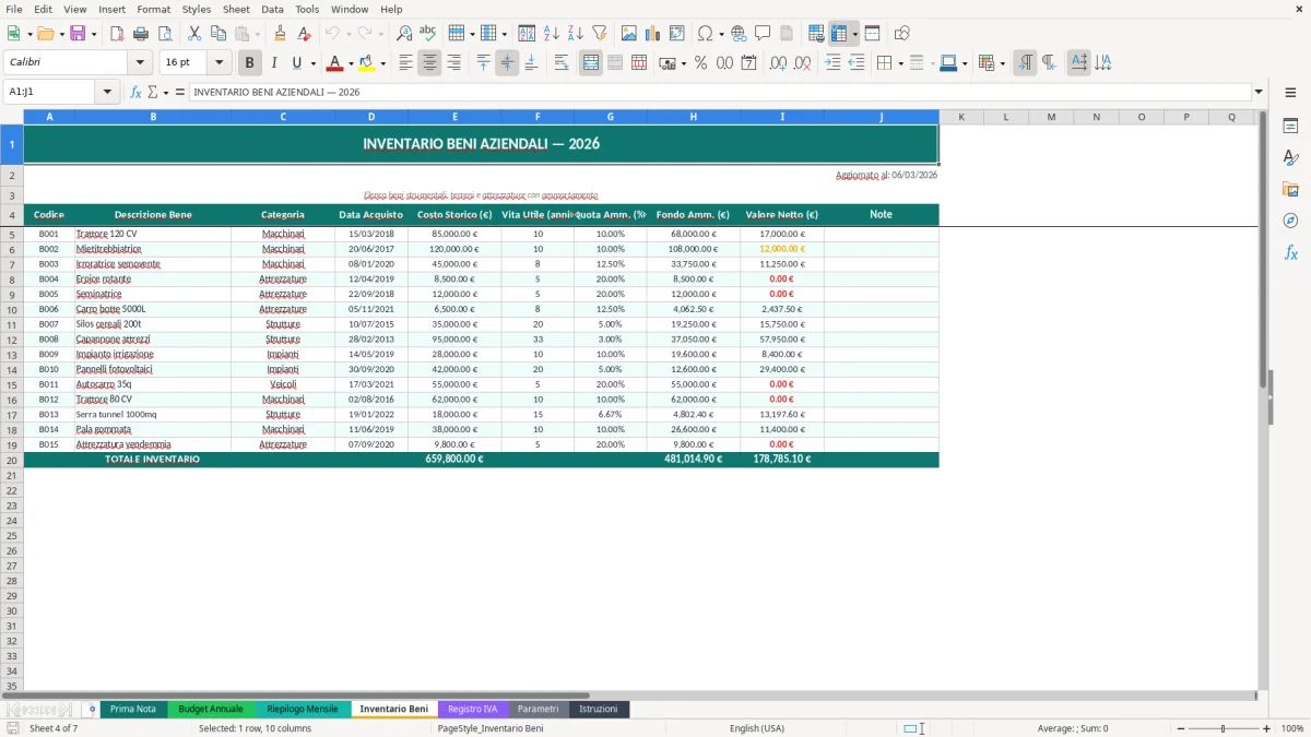 Screenshot 4: Foglio Inventario Beni - Modello Excel contabilità azienda agricola excel
