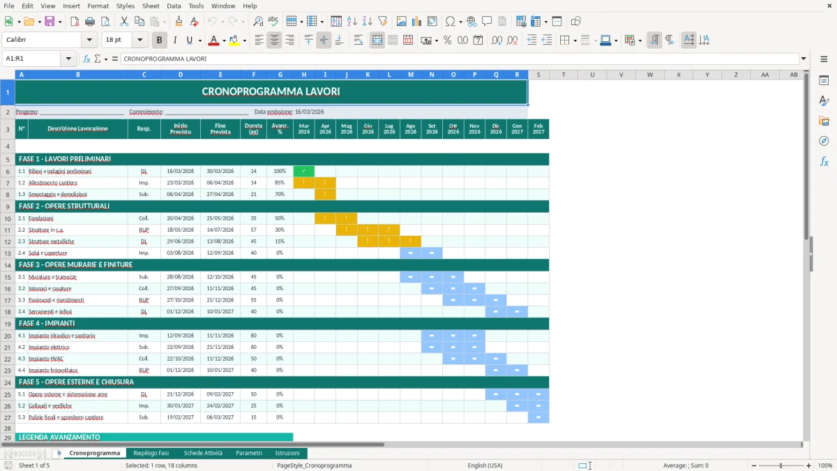 Screenshot 1: Foglio Cronoprogramma - Modello Excel cronoprogramma lavori excel