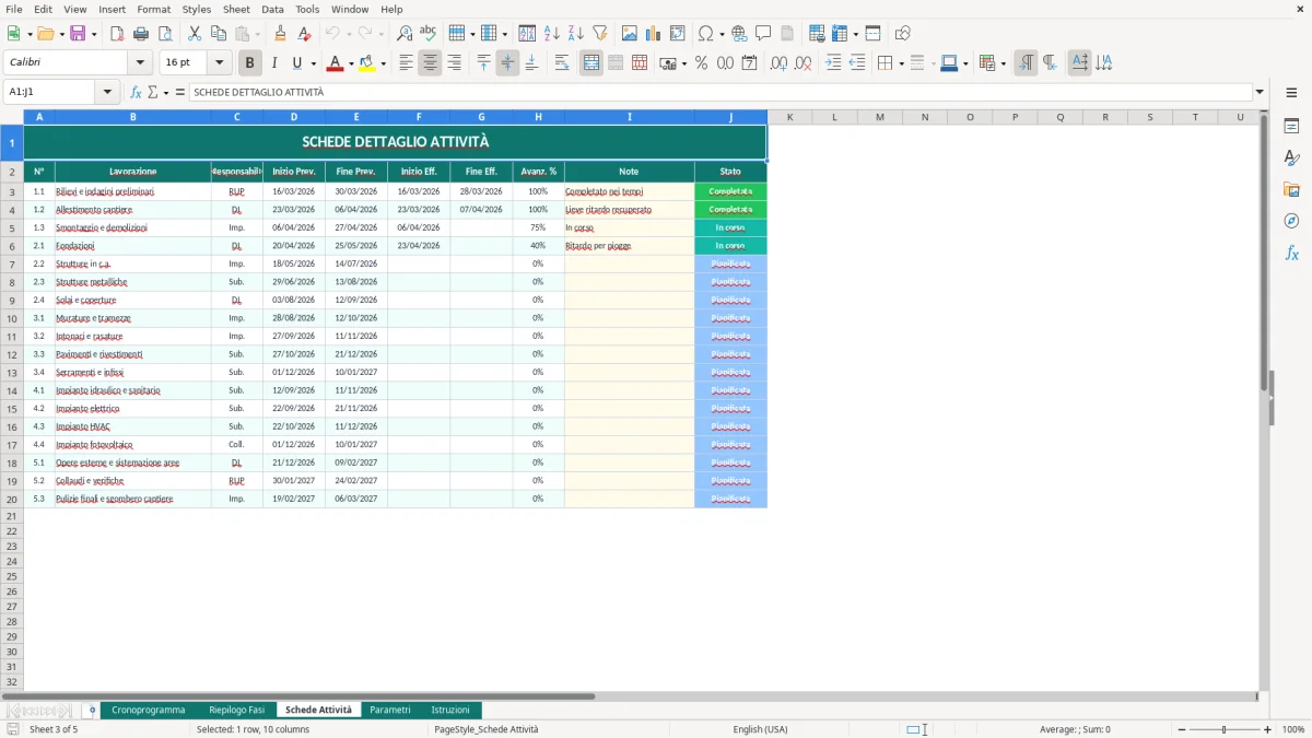 Screenshot 3: Foglio Schede Attività - Modello Excel cronoprogramma lavori excel