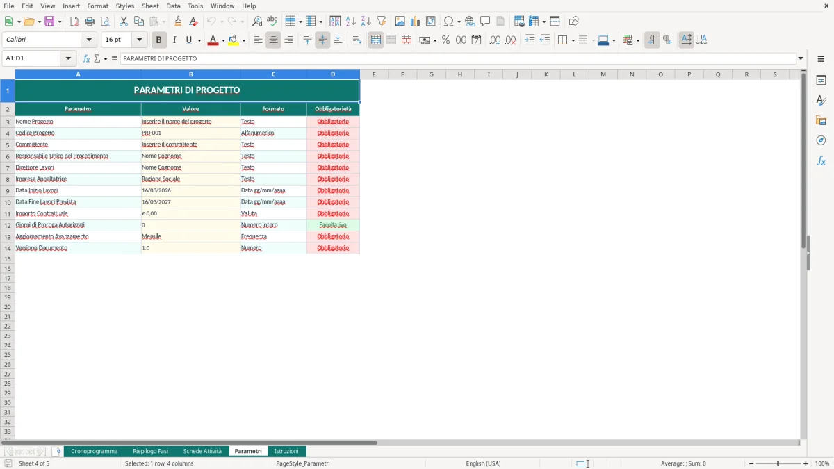 Screenshot 4: Foglio Parametri - Modello Excel cronoprogramma lavori excel