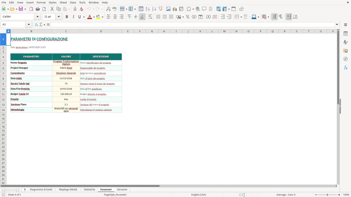 Screenshot 4: Foglio Parametri - Modello Excel diagramma di Gantt excel