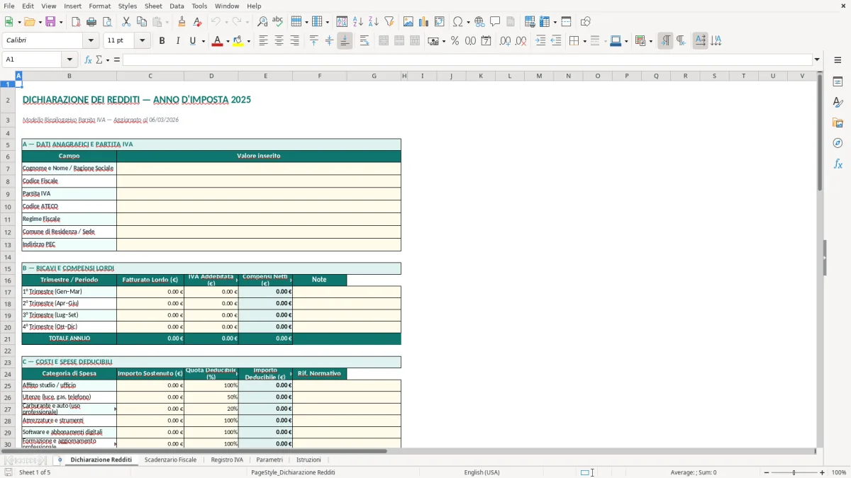 Screenshot 1: Foglio Dichiarazione Redditi - Modello Excel dichiarazione redditi partita IVA excel