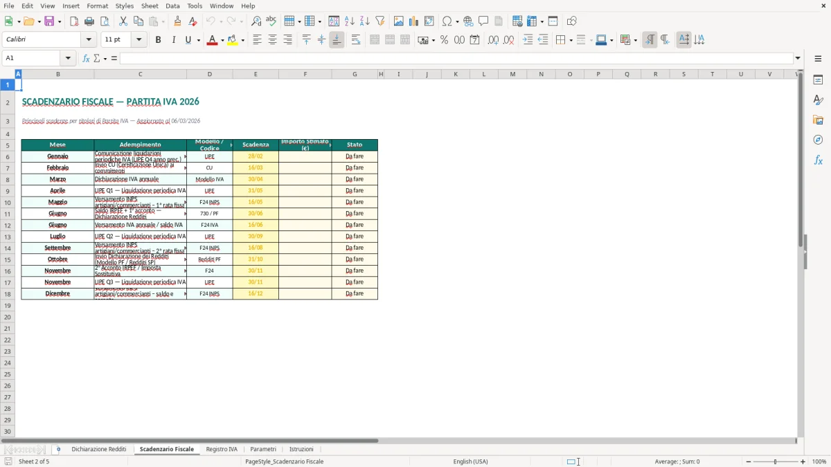 Screenshot 2: Foglio Scadenzario Fiscale - Modello Excel dichiarazione redditi partita IVA excel