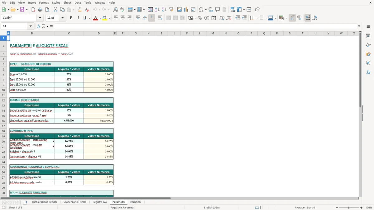 Screenshot 4: Foglio Parametri - Modello Excel dichiarazione redditi partita IVA excel