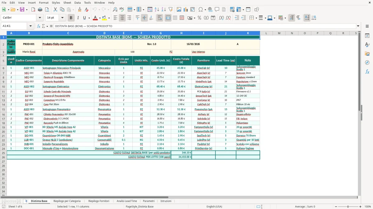 Screenshot 1: Foglio Distinta Base - Modello Excel distinta base excel