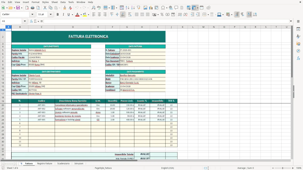 Screenshot 1: Foglio Fattura - Modello Excel fattura elettronica excel