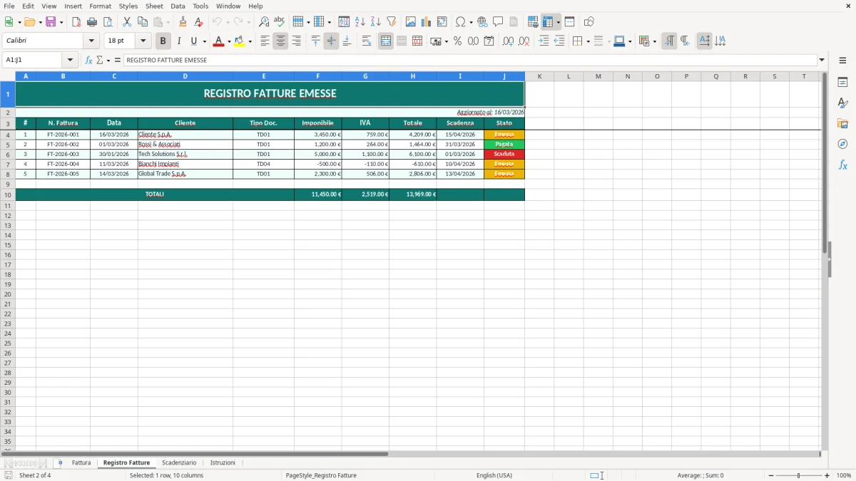 Screenshot 2: Foglio Registro Fatture - Modello Excel fattura elettronica excel