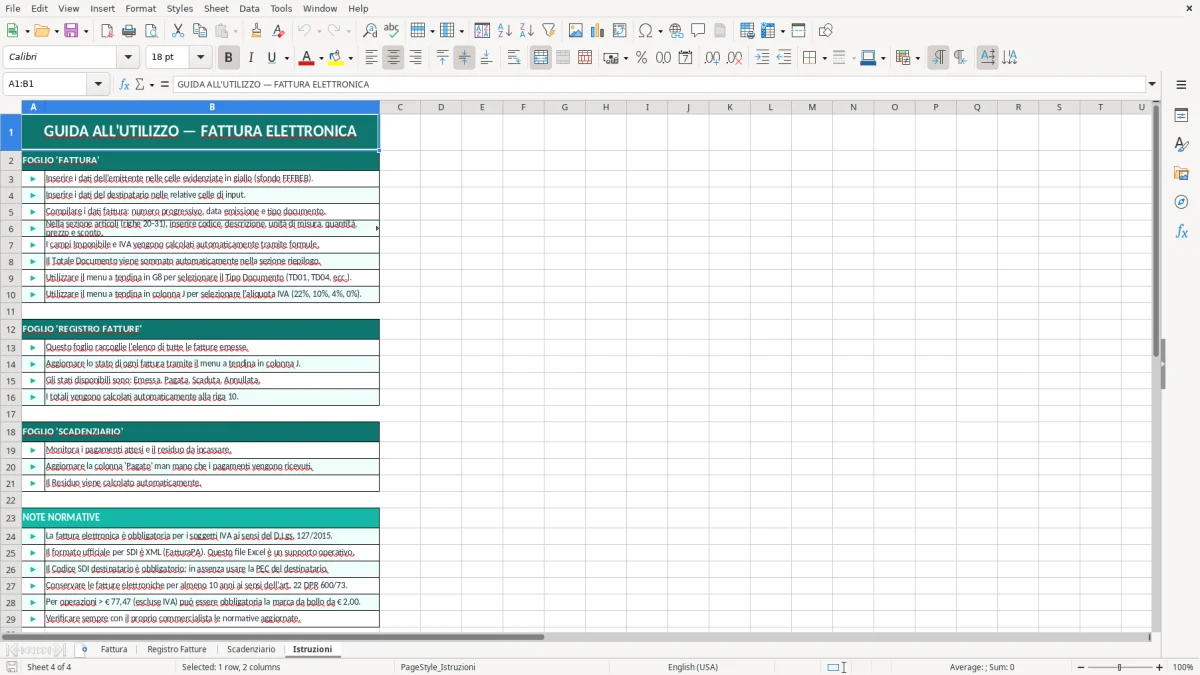 Screenshot 4: Foglio Istruzioni - Modello Excel fattura elettronica excel