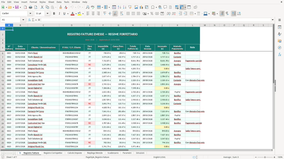 Screenshot 1: Foglio Registro Fatture - Modello Excel fatture e corrispettivi forfettario excel