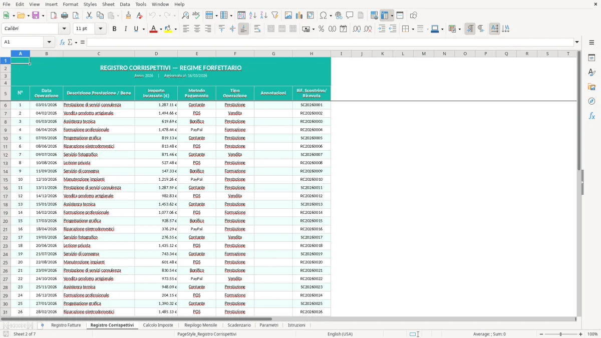Screenshot 2: Foglio Registro Corrispettivi - Modello Excel fatture e corrispettivi forfettario excel