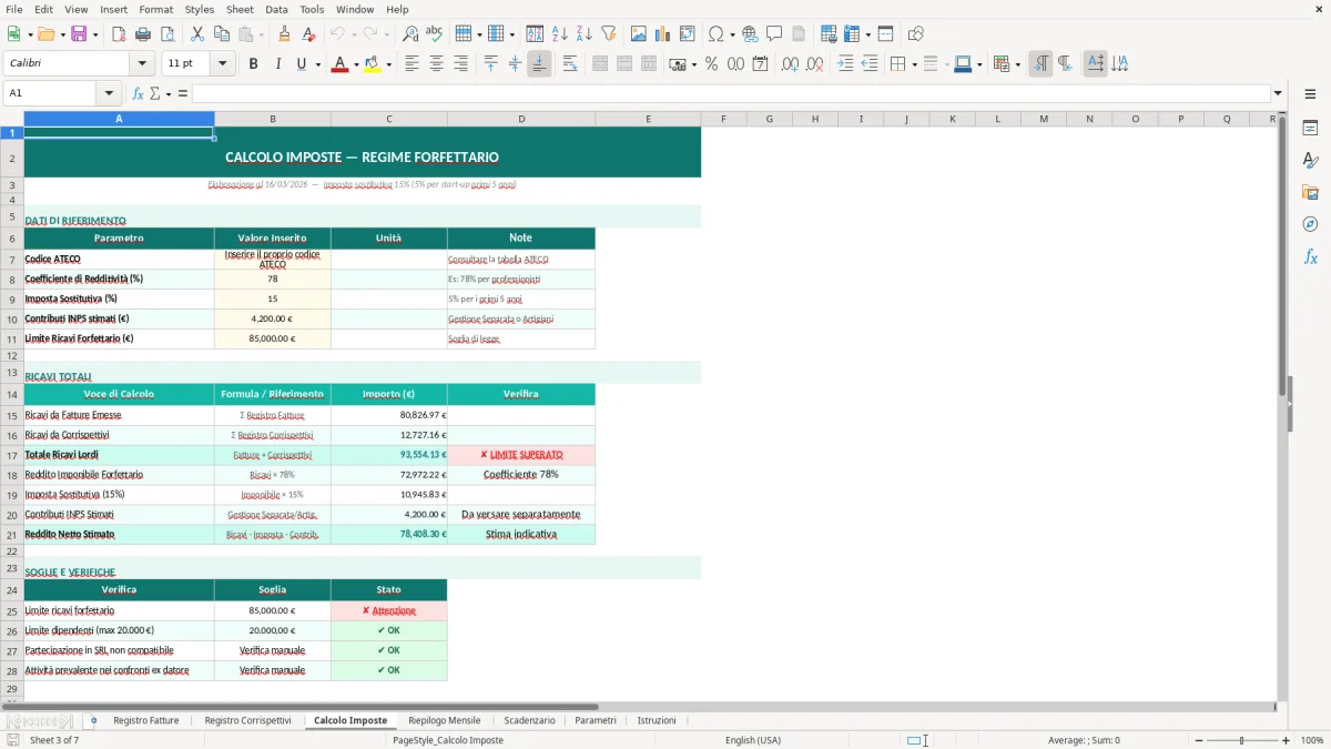 Screenshot 3: Foglio Calcolo Imposte - Modello Excel fatture e corrispettivi forfettario excel