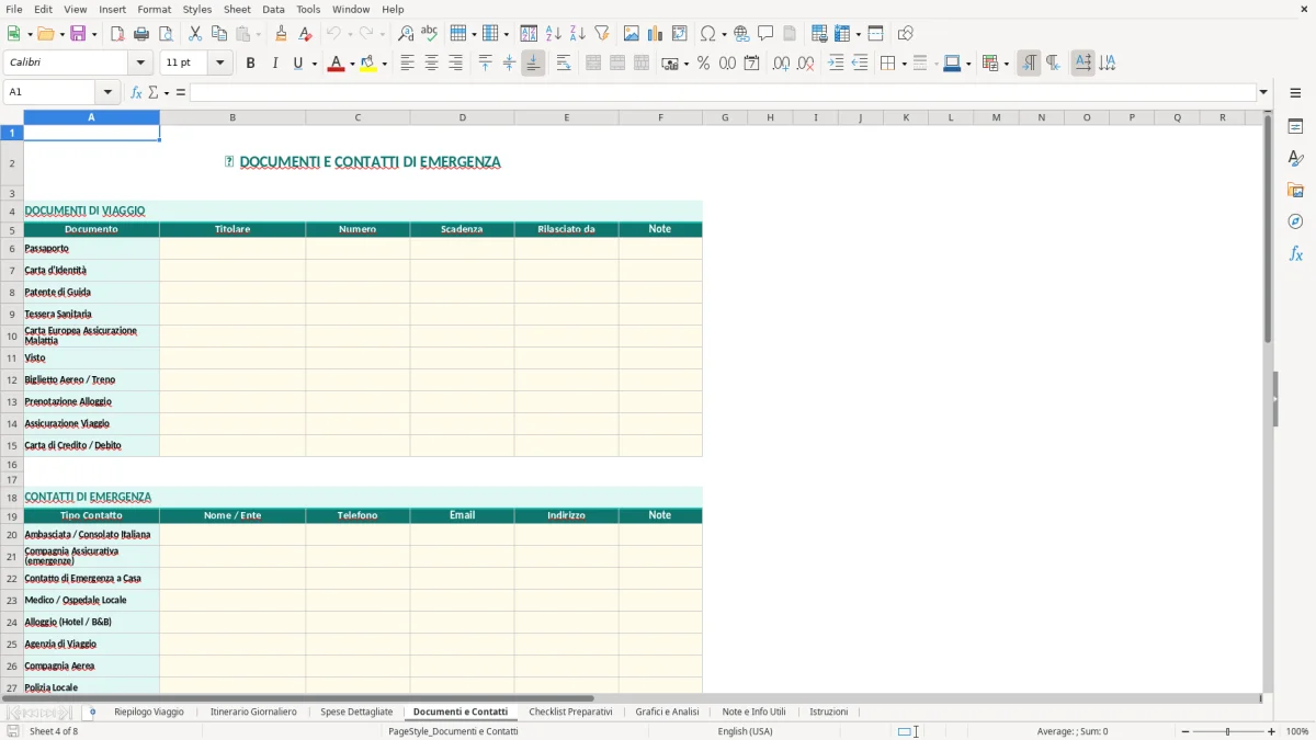 Screenshot 4: Foglio Documenti e Contatti - Modello Excel foglio di viaggio excel