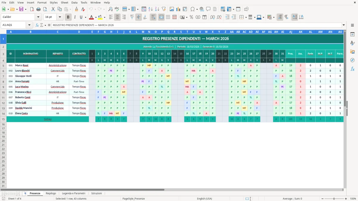Screenshot 1: Foglio Presenze - Modello Excel foglio presenze dipendenti excel