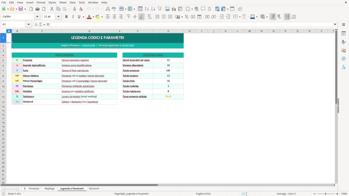 Screenshot 3: Foglio Legenda e Parametri - Modello Excel foglio presenze dipendenti excel