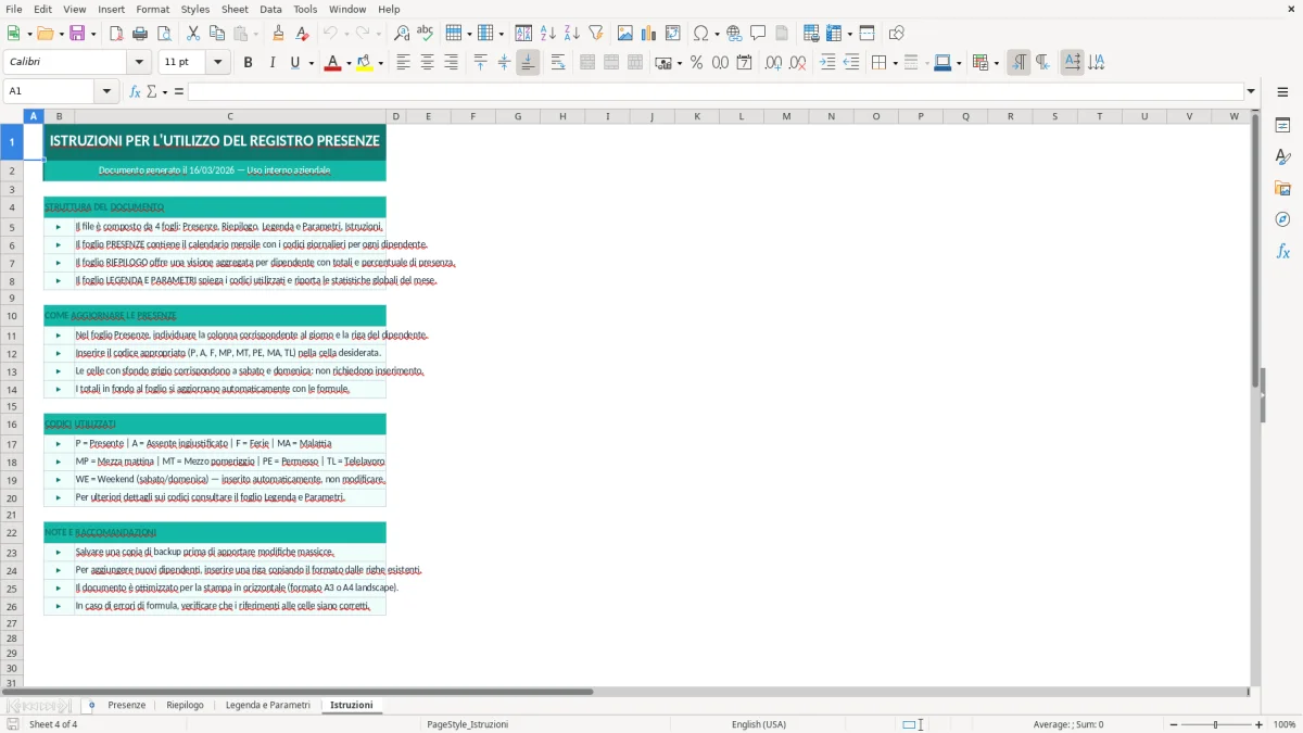 Screenshot 4: Foglio Istruzioni - Modello Excel foglio presenze dipendenti excel