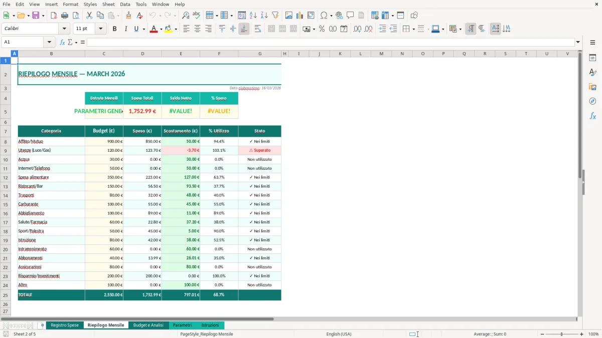 Screenshot 2: Foglio Riepilogo Mensile - Modello Excel foglio spese mensili excel
