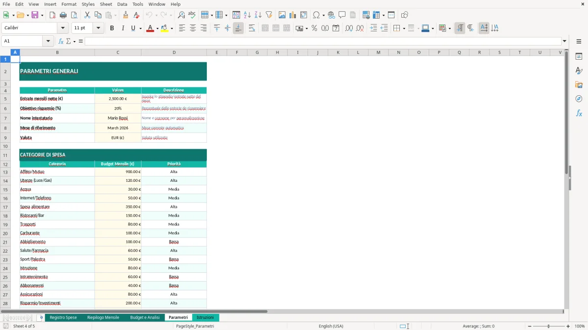 Screenshot 4: Foglio Parametri - Modello Excel foglio spese mensili excel