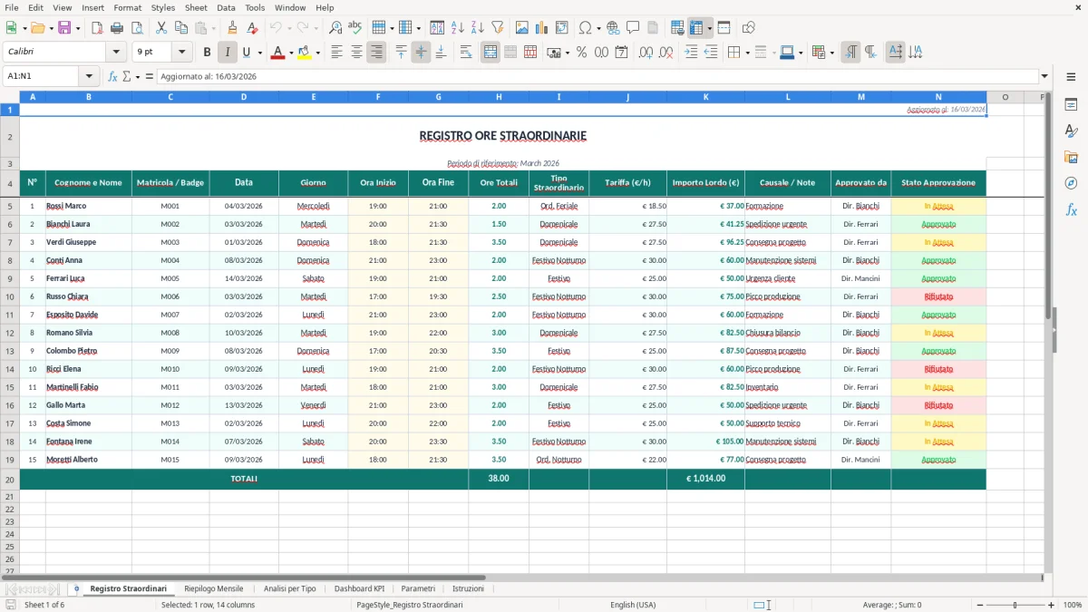 Screenshot 1: Foglio Registro Straordinari - Modello Excel foglio straordinari excel