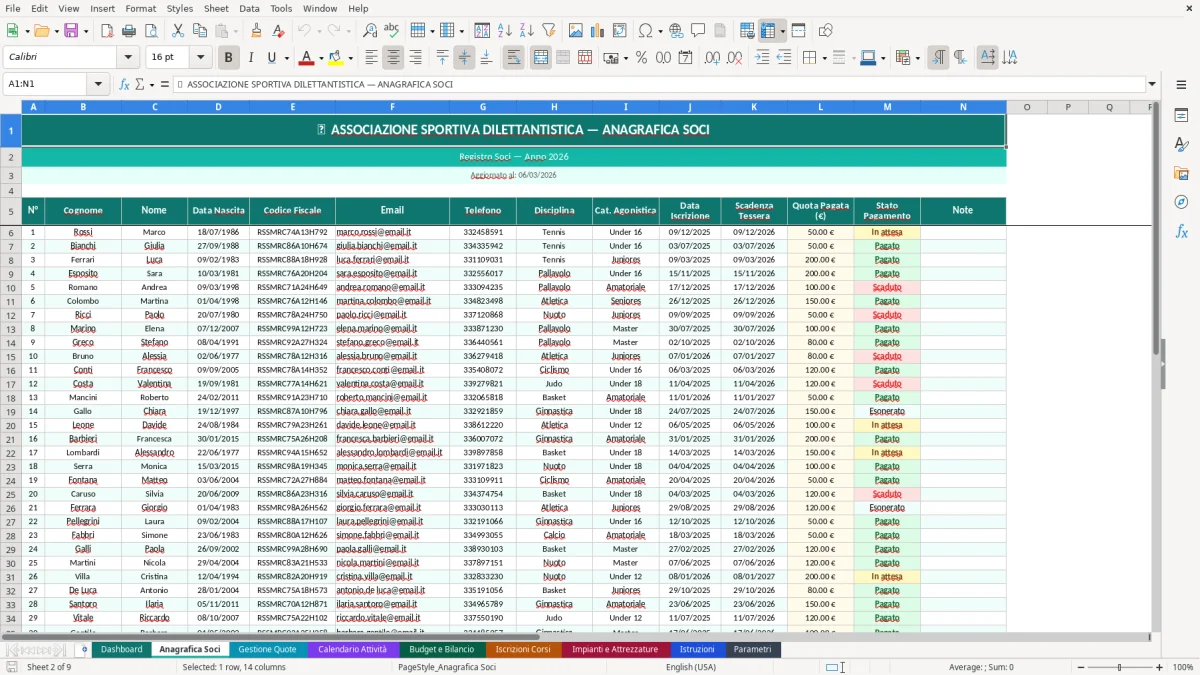 Screenshot 2: Foglio Anagrafica Soci - Modello Excel gestione ASD excel