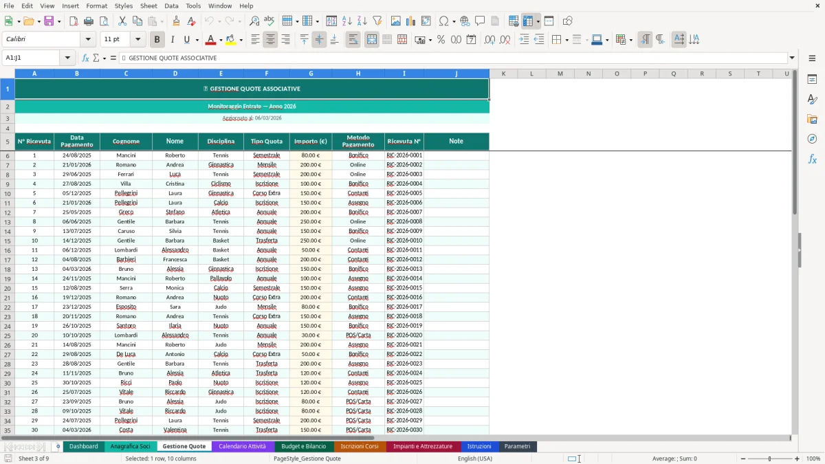 Screenshot 3: Foglio Gestione Quote - Modello Excel gestione ASD excel
