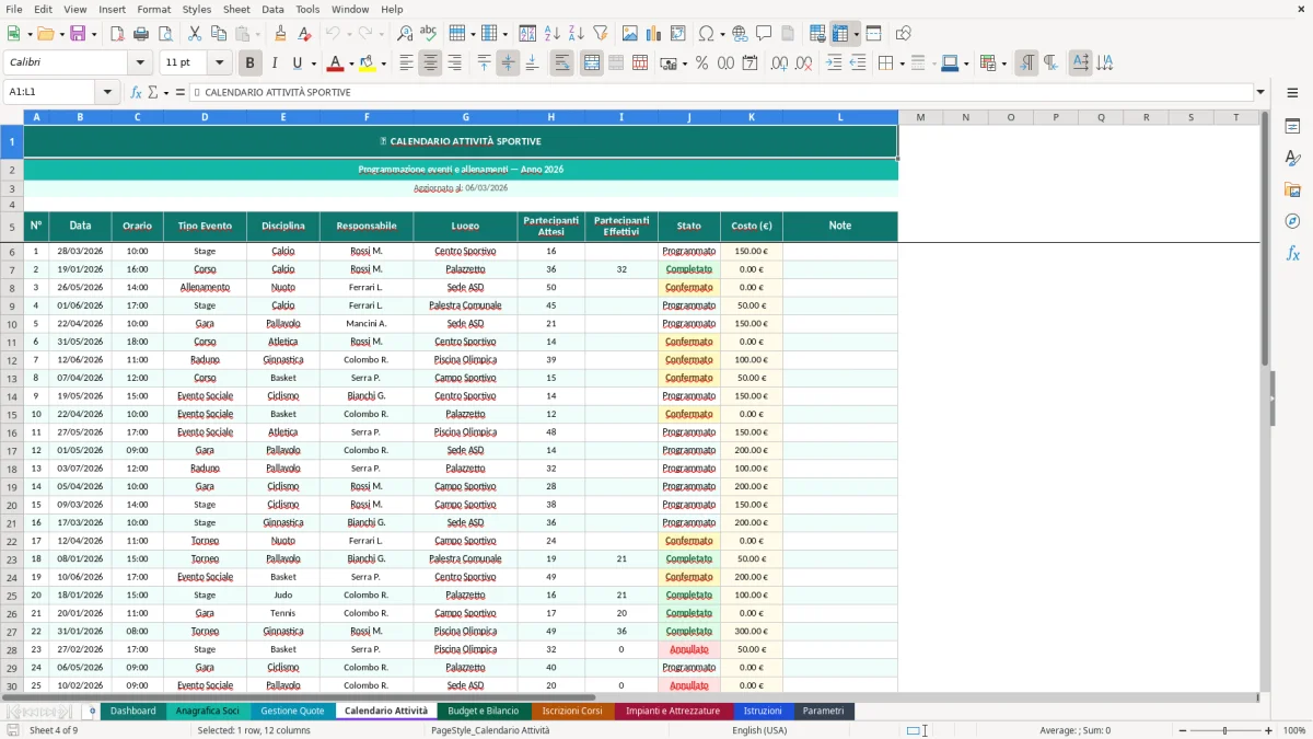 Screenshot 4: Foglio Calendario Attività - Modello Excel gestione ASD excel