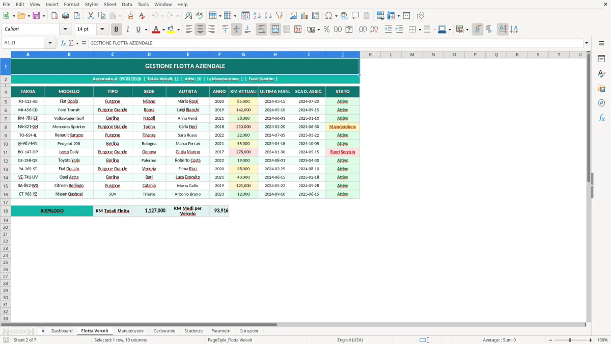 Screenshot 2: Foglio Flotta Veicoli - Modello Excel gestione flotta aziendale excel