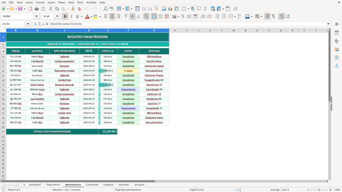 Screenshot 3: Foglio Manutenzioni - Modello Excel gestione flotta aziendale excel