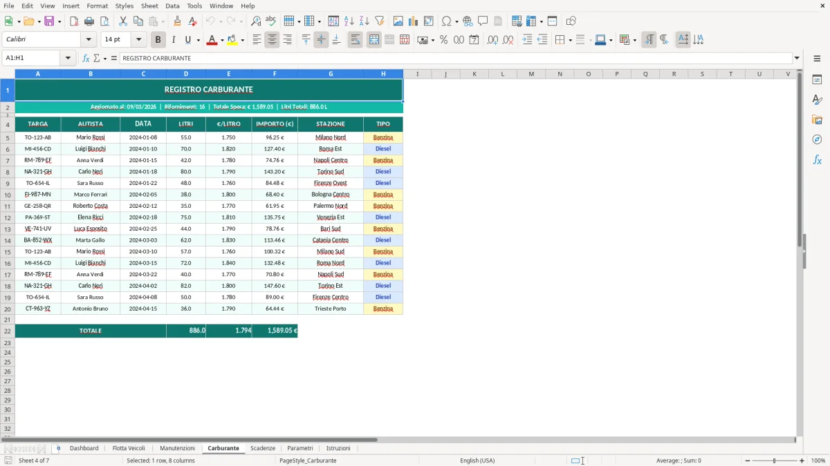 Screenshot 4: Foglio Carburante - Modello Excel gestione flotta aziendale excel