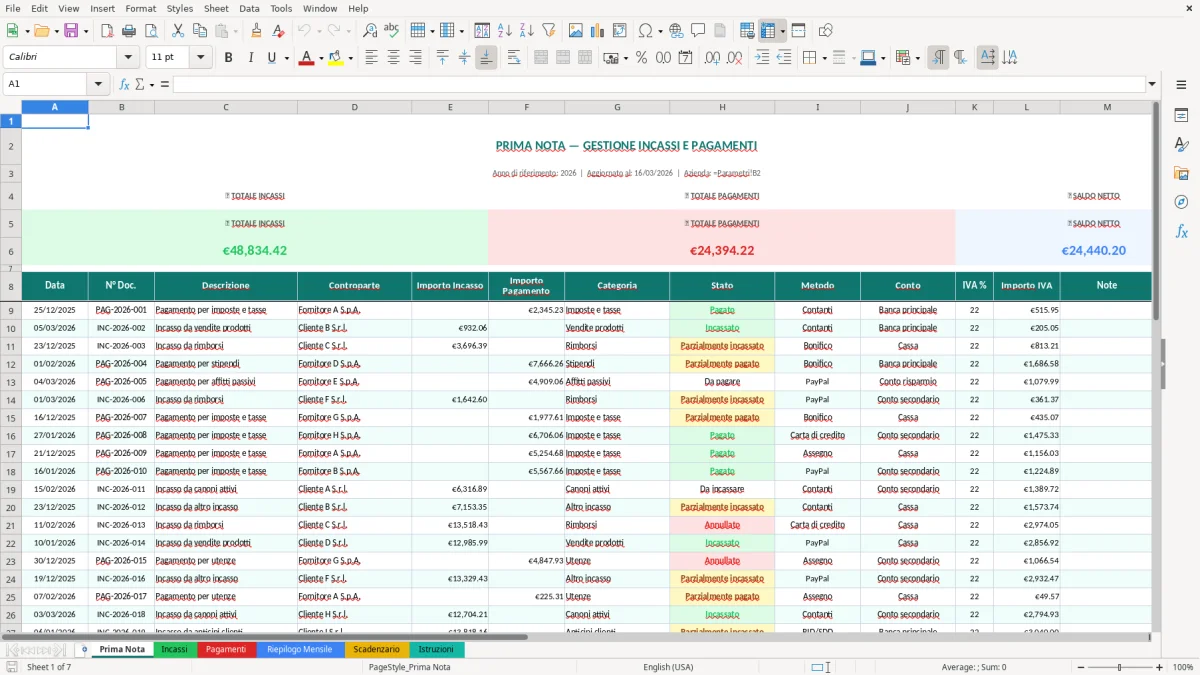 Screenshot 1: Foglio Prima Nota - Modello Excel gestione incassi e pagamenti excel
