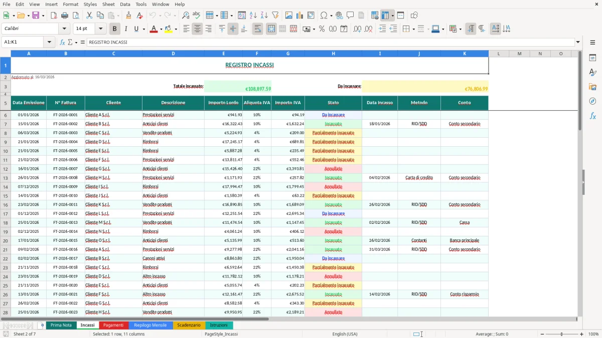 Screenshot 2: Foglio Incassi - Modello Excel gestione incassi e pagamenti excel