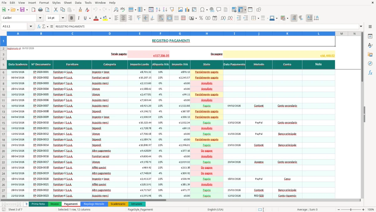 Screenshot 3: Foglio Pagamenti - Modello Excel gestione incassi e pagamenti excel