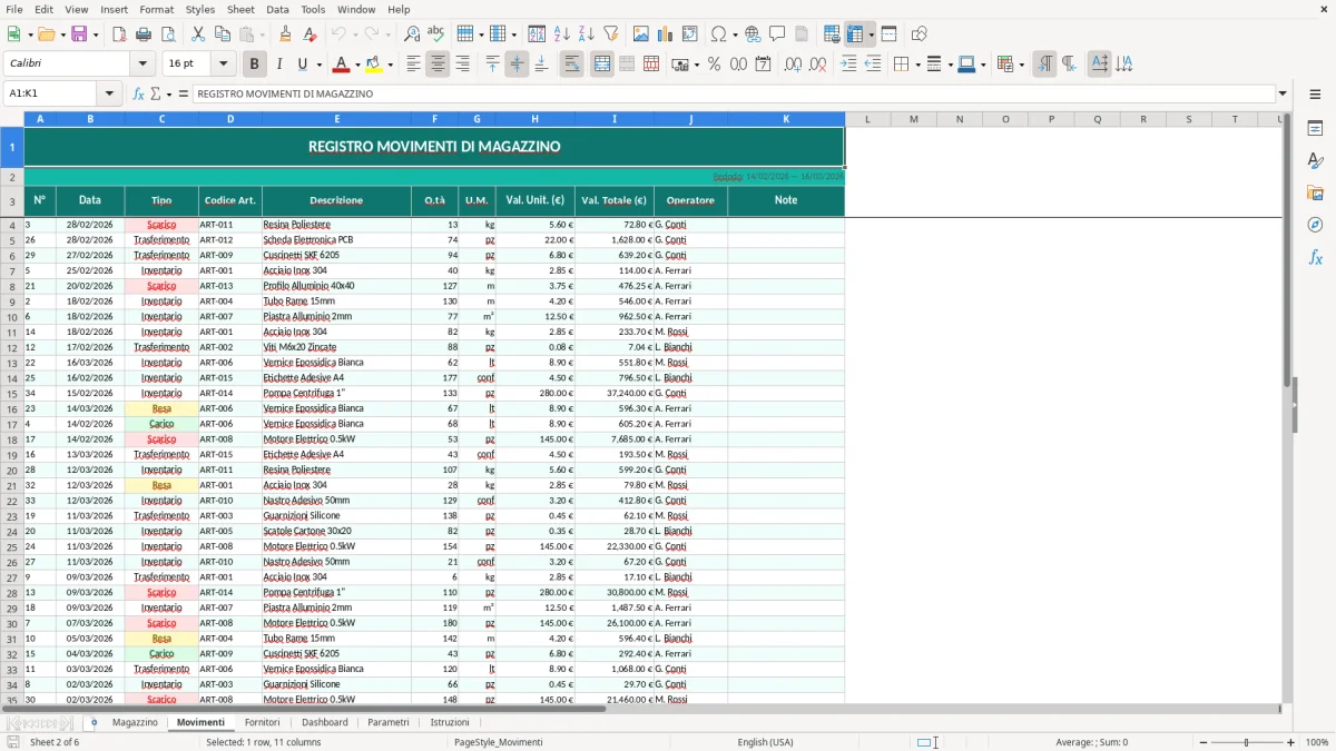 Screenshot 2: Foglio Movimenti - Modello Excel gestione magazzino excel