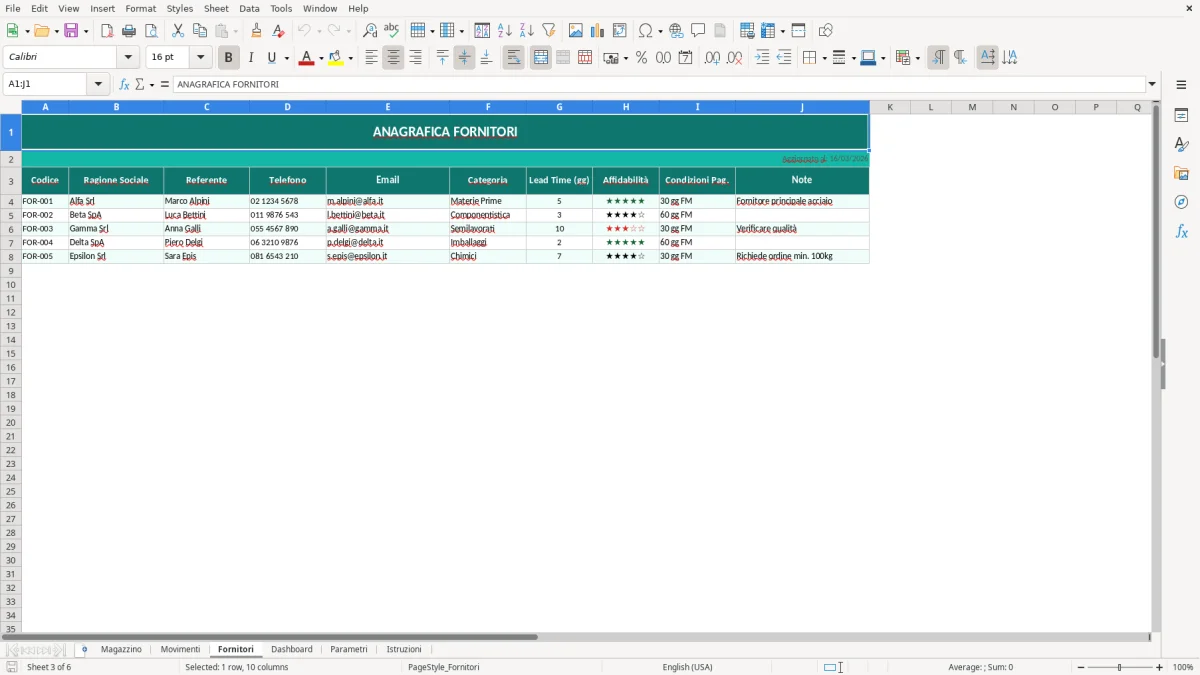 Screenshot 3: Foglio Fornitori - Modello Excel gestione magazzino excel