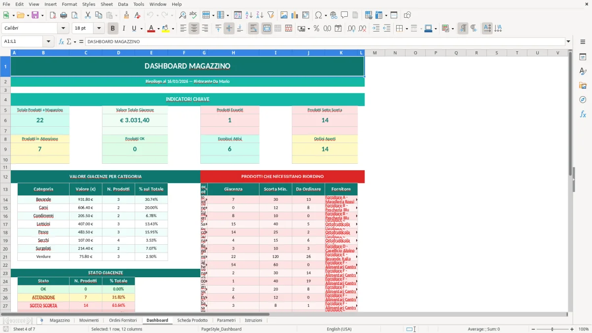 Screenshot 1: Foglio Magazzino - Modello Excel gestione magazzino ristorante excel