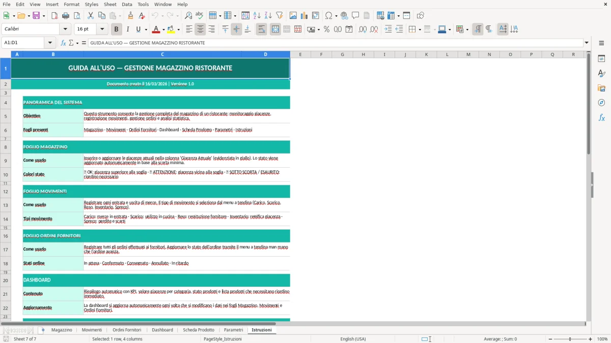 Screenshot 4: Foglio Dashboard - Modello Excel gestione magazzino ristorante excel