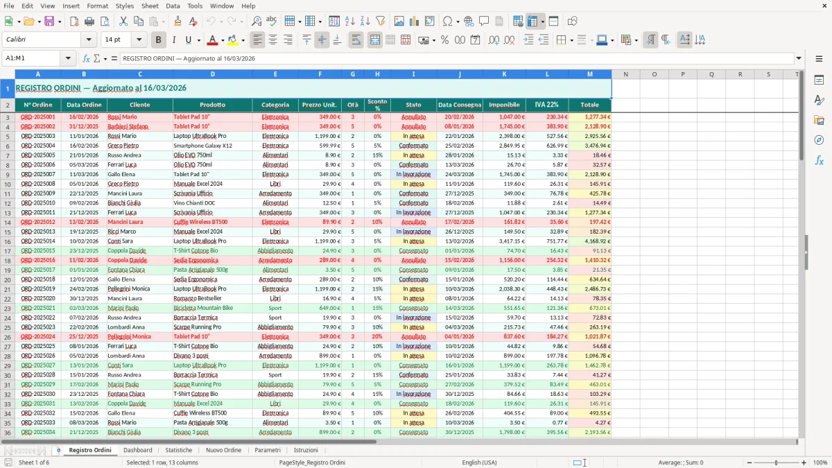 Screenshot 1: Foglio Registro Ordini - Modello Excel gestione ordini excel