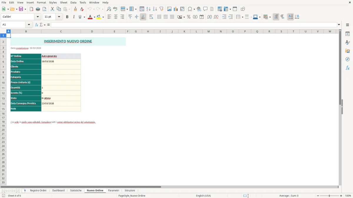 Screenshot 4: Foglio Nuovo Ordine - Modello Excel gestione ordini excel