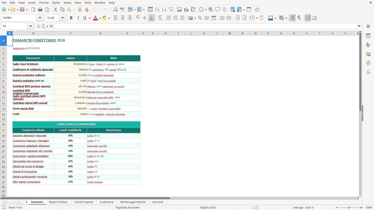 Screenshot 1: Foglio Parametri - Modello Excel gestione partita IVA forfettario excel