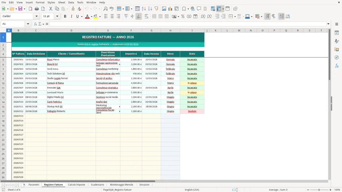 Screenshot 2: Foglio Registro Fatture - Modello Excel gestione partita IVA forfettario excel