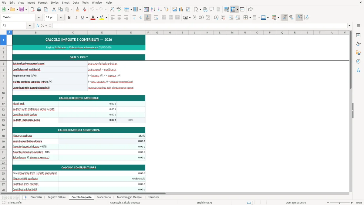 Screenshot 3: Foglio Calcolo Imposte - Modello Excel gestione partita IVA forfettario excel