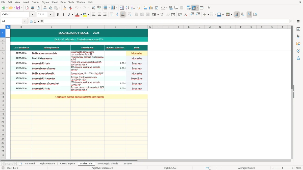 Screenshot 4: Foglio Scadenzario - Modello Excel gestione partita IVA forfettario excel