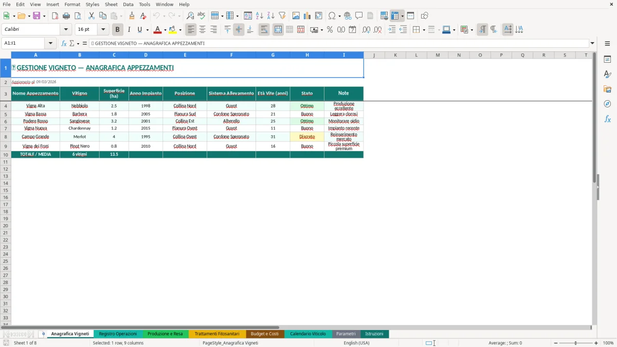 Screenshot 1: Foglio Anagrafica Vigneti - Modello Excel gestione vigneto excel
