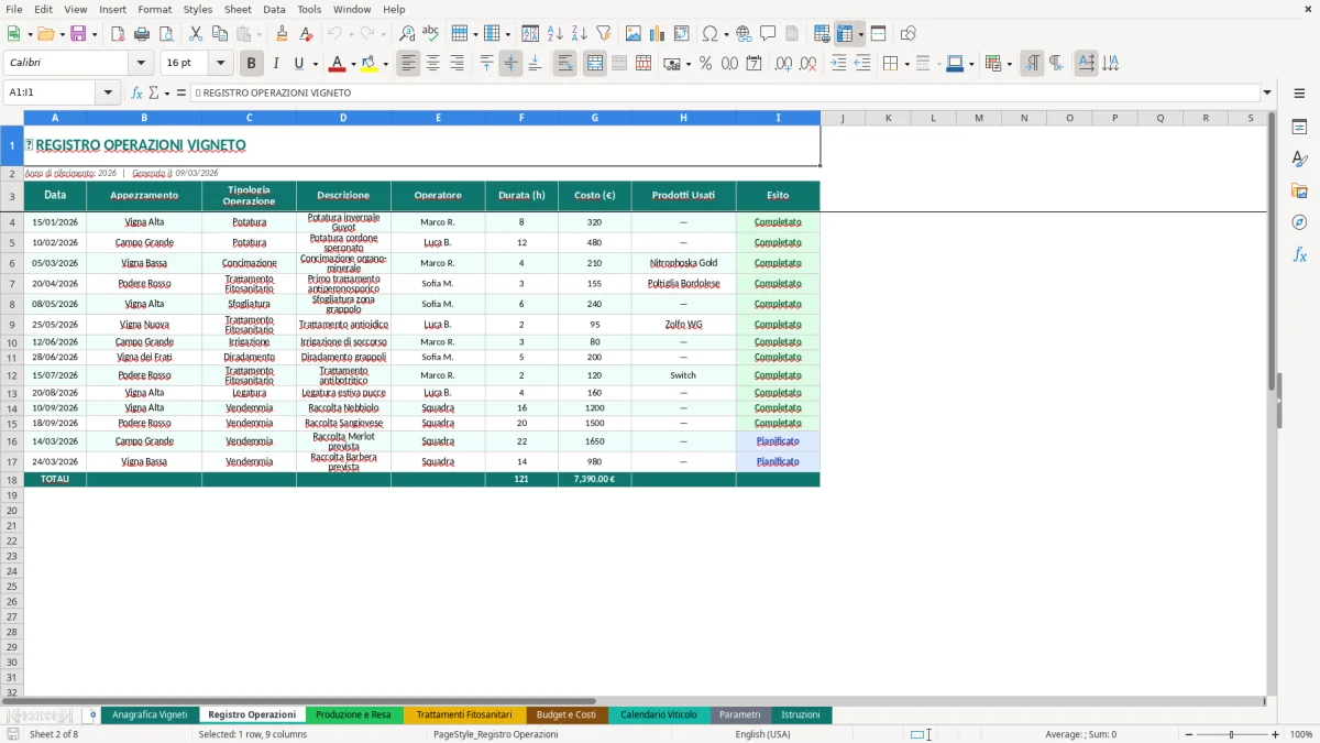 Screenshot 2: Foglio Registro Operazioni - Modello Excel gestione vigneto excel