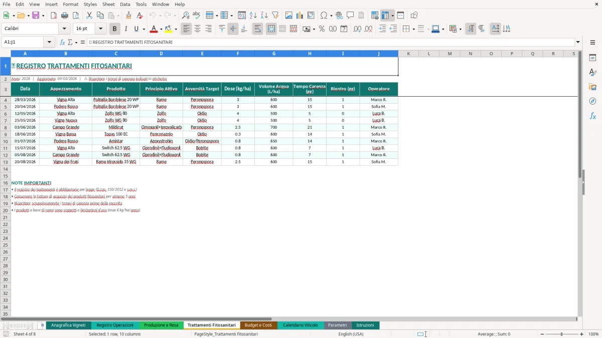 Screenshot 4: Foglio Trattamenti Fitosanitari - Modello Excel gestione vigneto excel