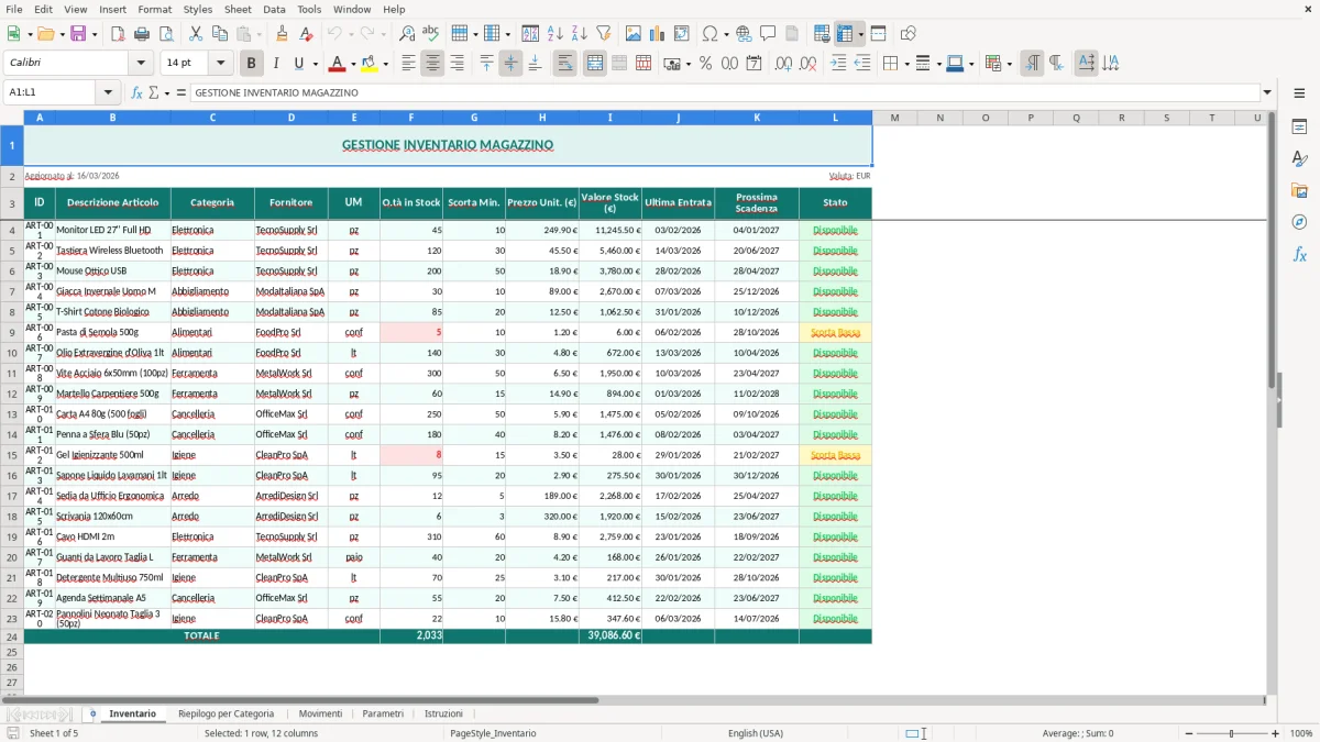 Screenshot 1: Foglio Inventario - Modello Excel inventario excel