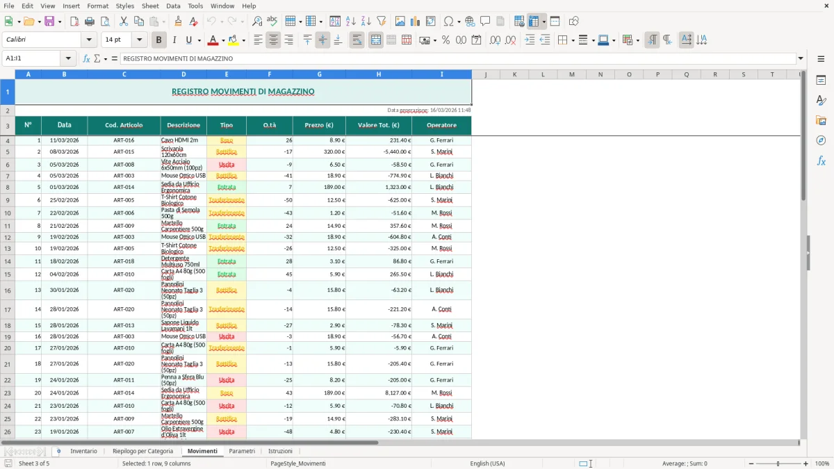 Screenshot 3: Foglio Movimenti - Modello Excel inventario excel
