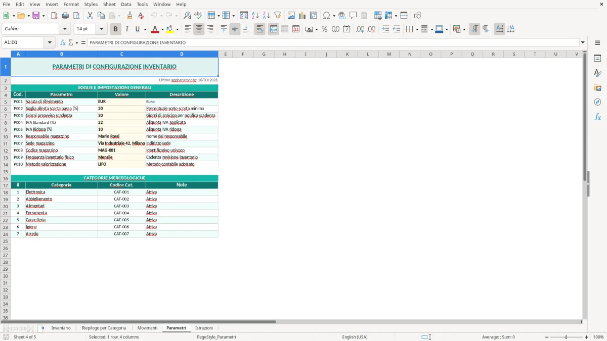 Screenshot 4: Foglio Parametri - Modello Excel inventario excel