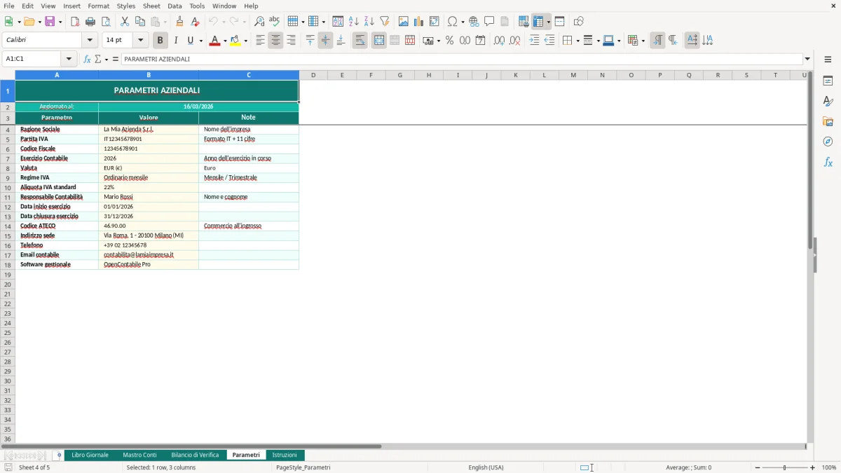 Screenshot 4: Foglio Parametri - Modello Excel libro giornale excel
