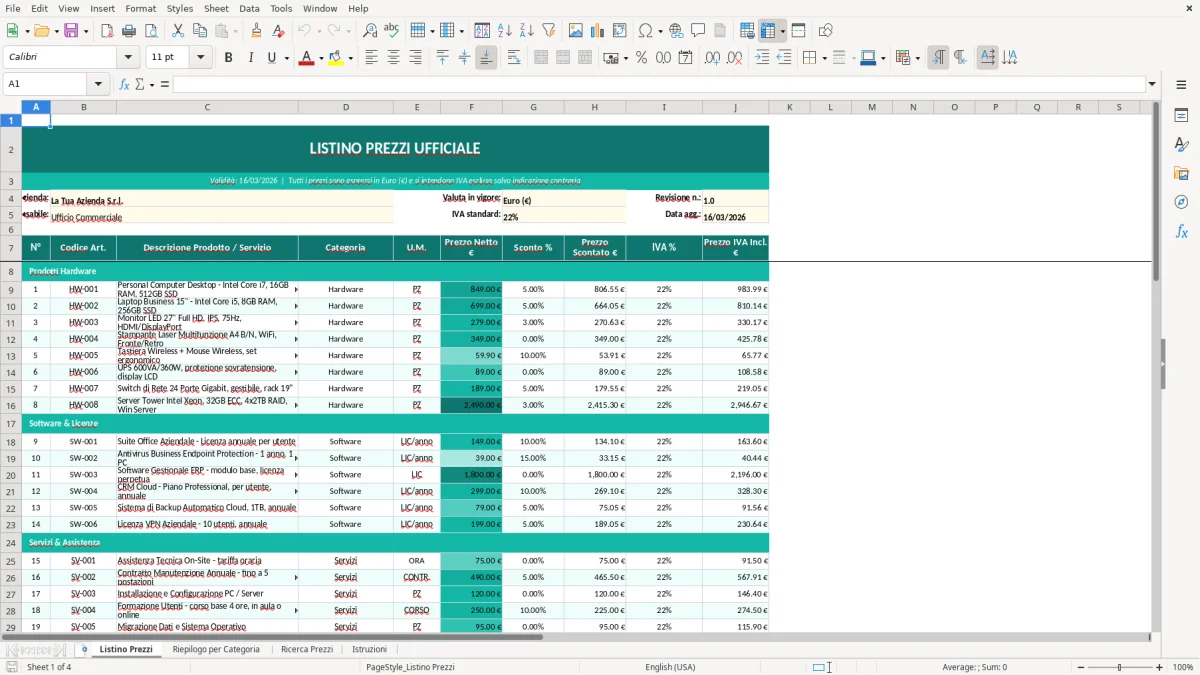 Screenshot 1: Foglio Listino Prezzi - Modello Excel listino prezzi excel